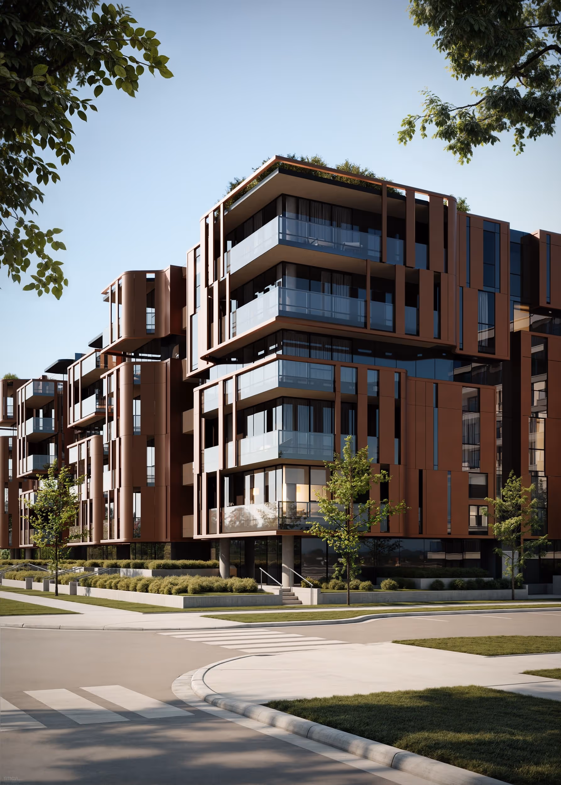 A corner shot of a modern apartment building with prominent glass balconies, copper-colored cladding, and green terraces.