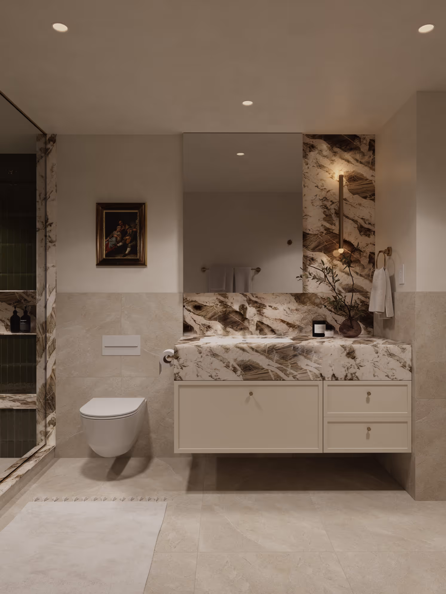 A luxurious bathroom featuring a floating vanity with marble accents, modern wall-mounted toilet, and soft, ambient lighting. The space combines elegance and functionality with a contemporary design.