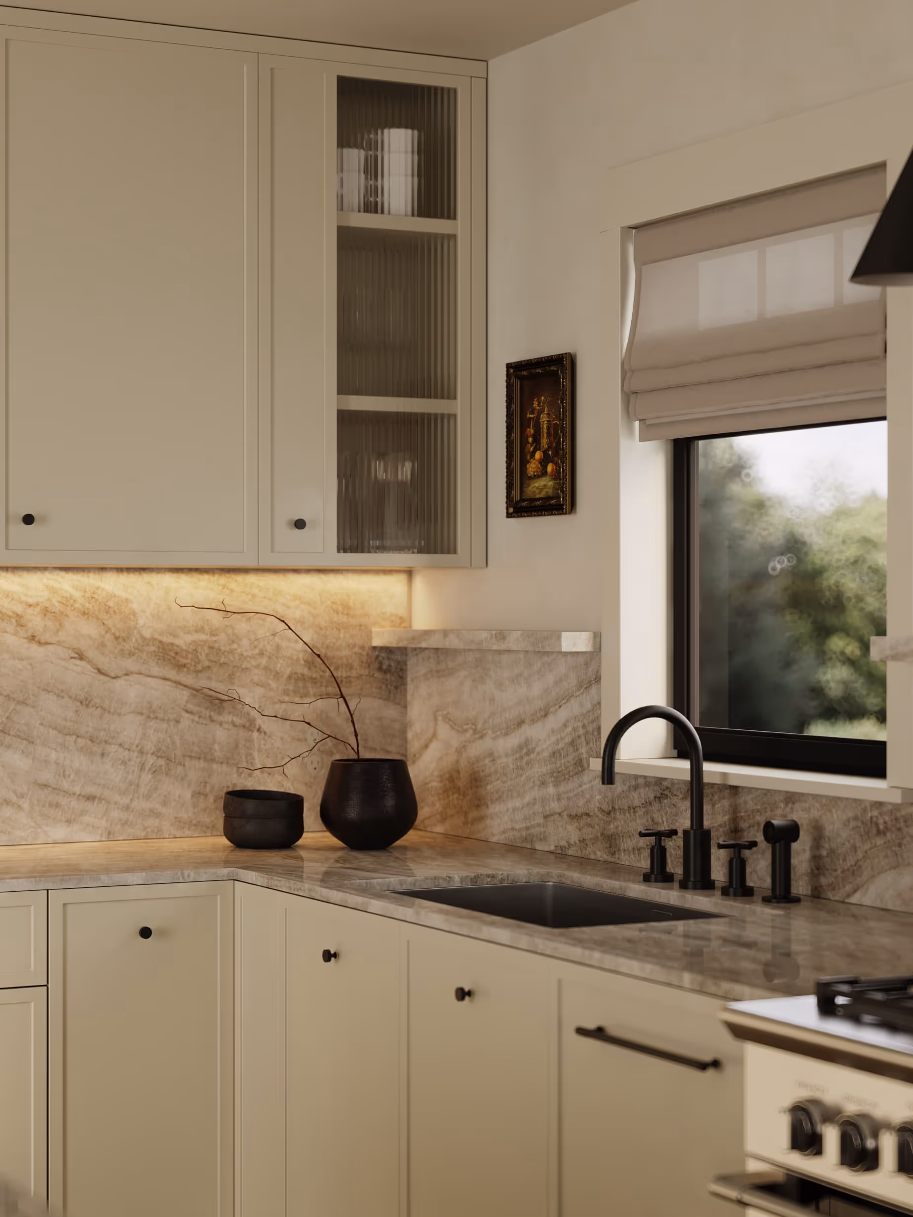 A modern kitchen showcasing a neutral color palette with a stone backsplash, black fixtures, and elegant decor, complemented by natural lighting.