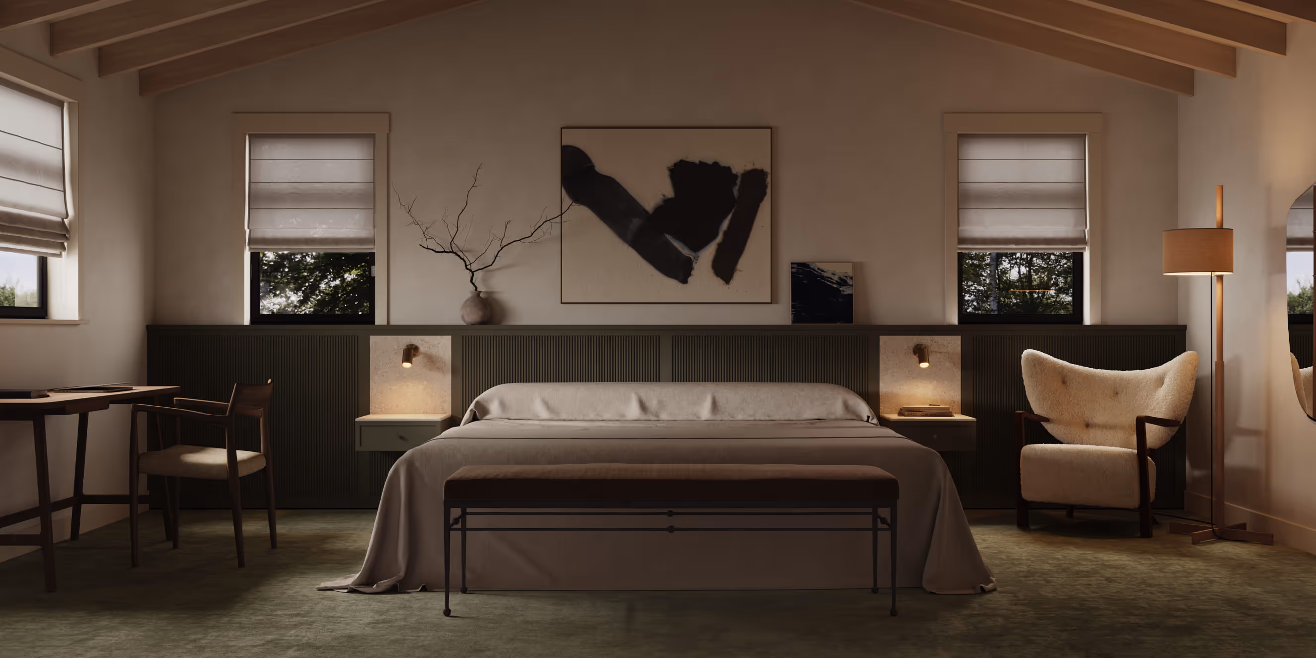 A spacious bedroom with a neutral color palette, featuring a simple bed setup, a comfortable armchair, and warm lighting that enhances the tranquil atmosphere.