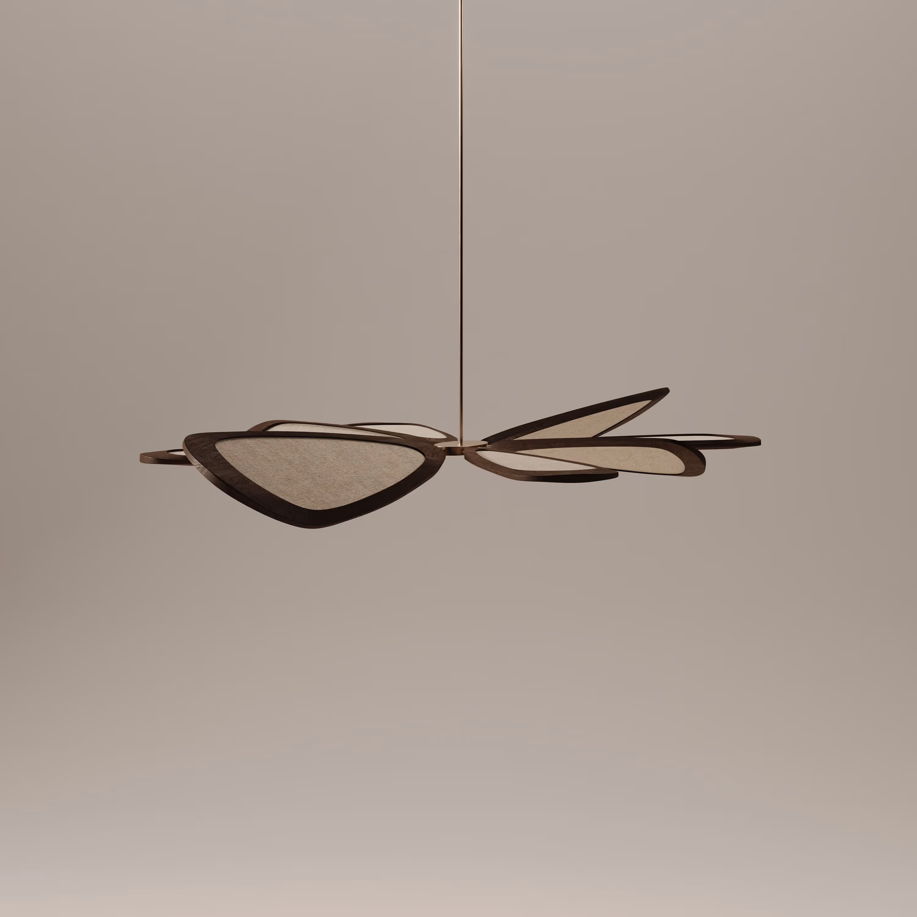 Side view of a suspended contemporary pendant light with multiple petal-like shades, constructed from natural materials with a minimalist aesthetic.