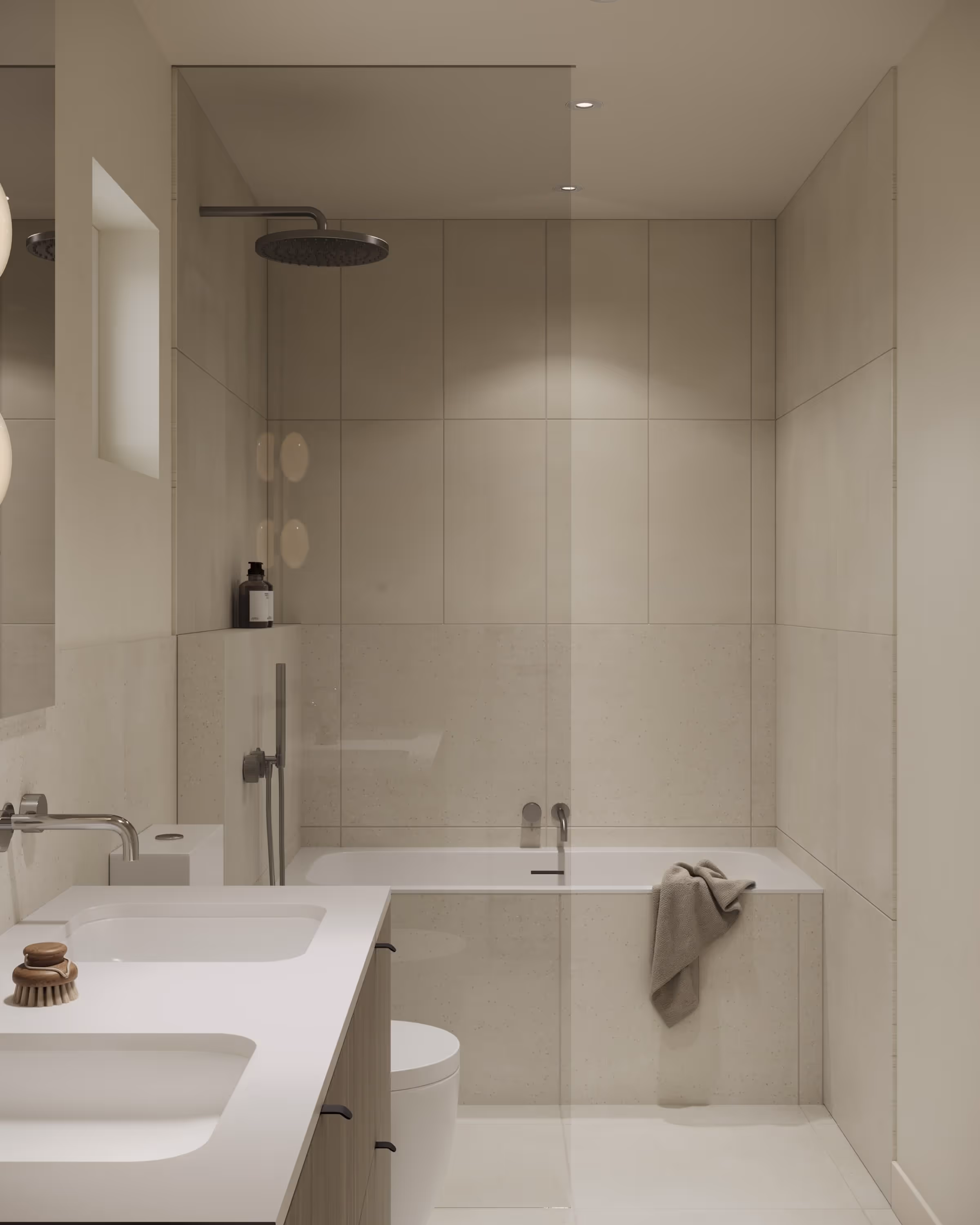 Minimalist bathroom featuring a walk-in shower, freestanding bathtub, and double vanity with clean lines