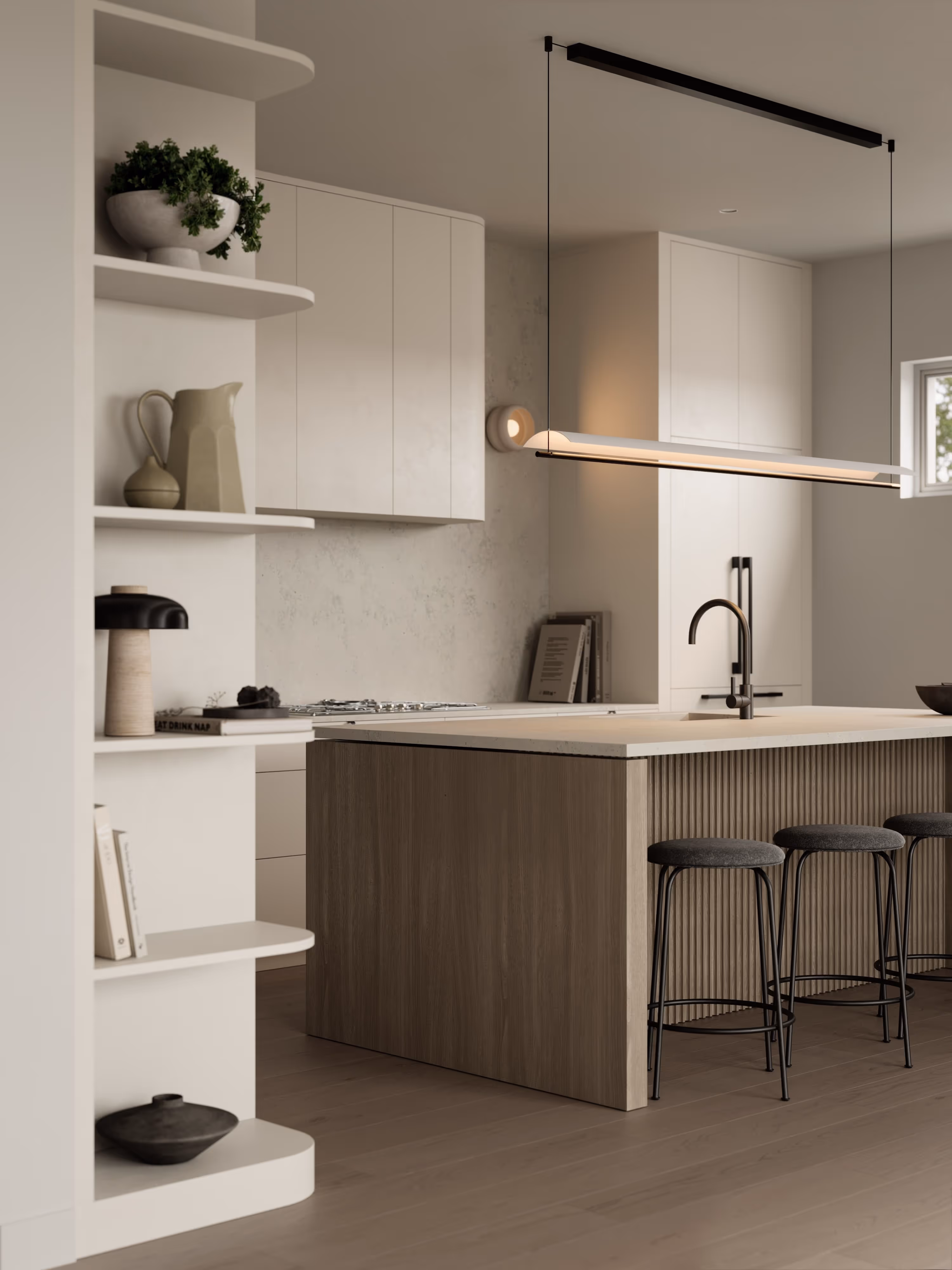 Minimalist kitchen featuring sleek cabinetry, an island with bar stools, and modern pendant lighting.