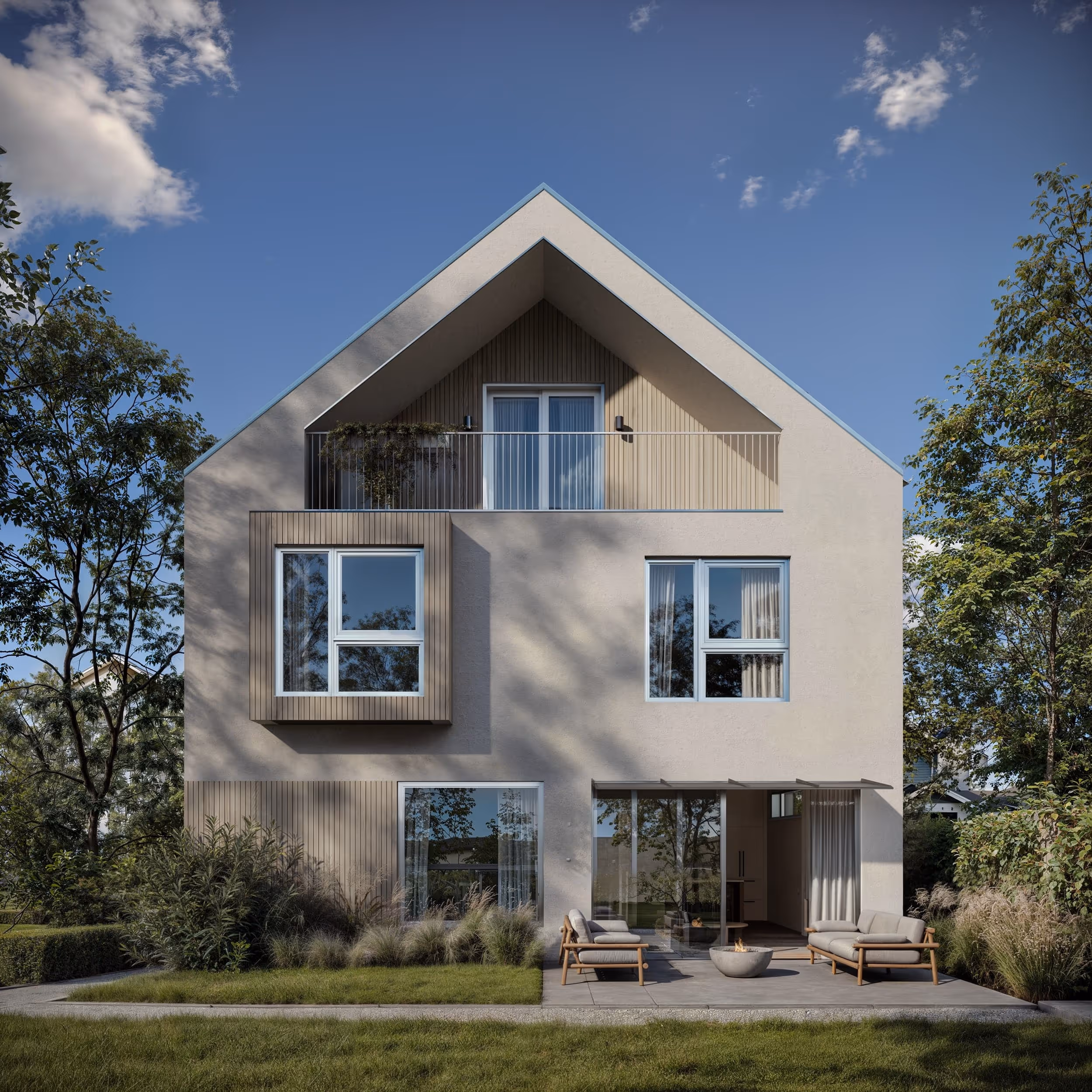 Contemporary house exterior with light wood paneling, sloped roof, and well-manicured lawn.
