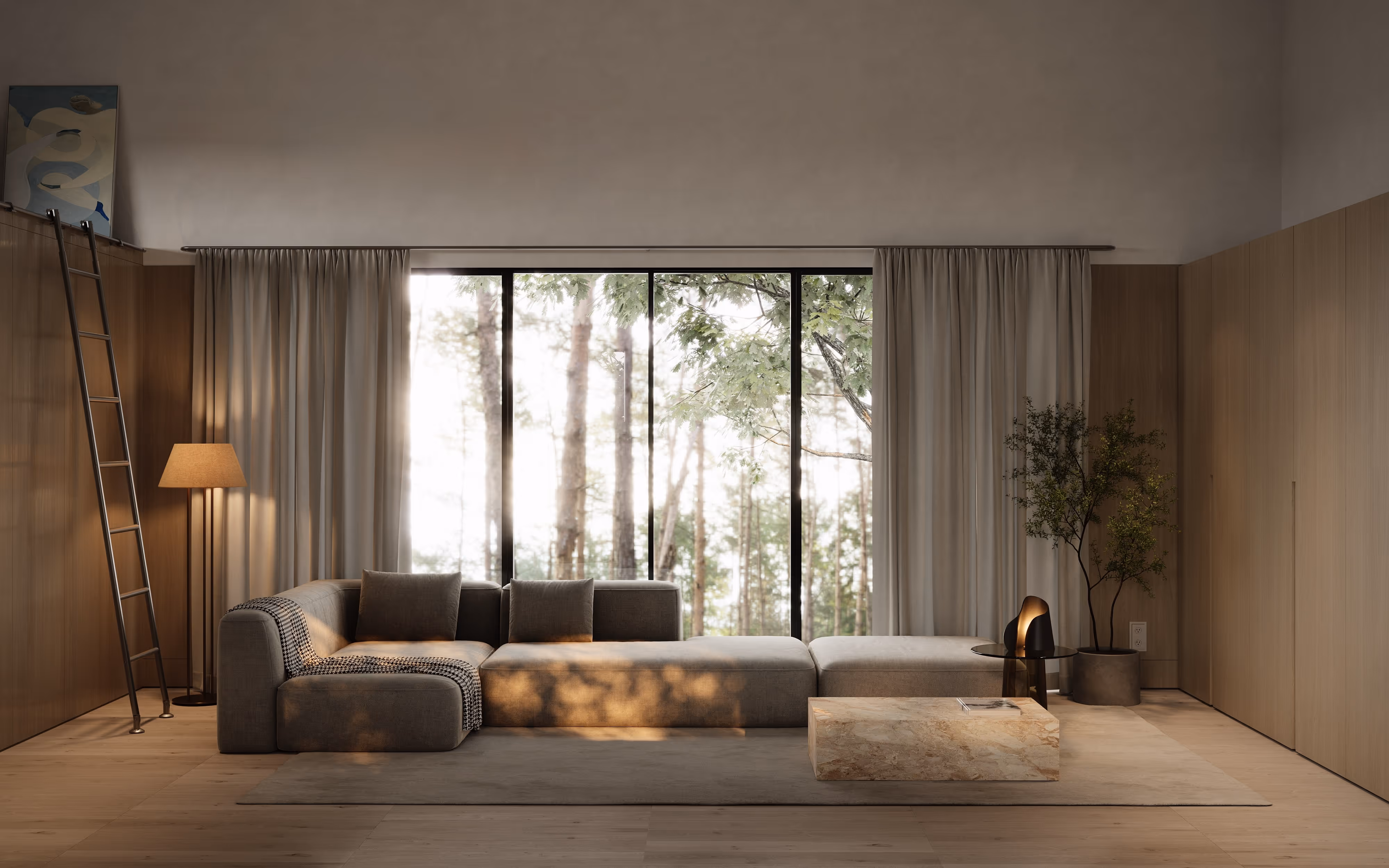 high-quality moody render of the living room