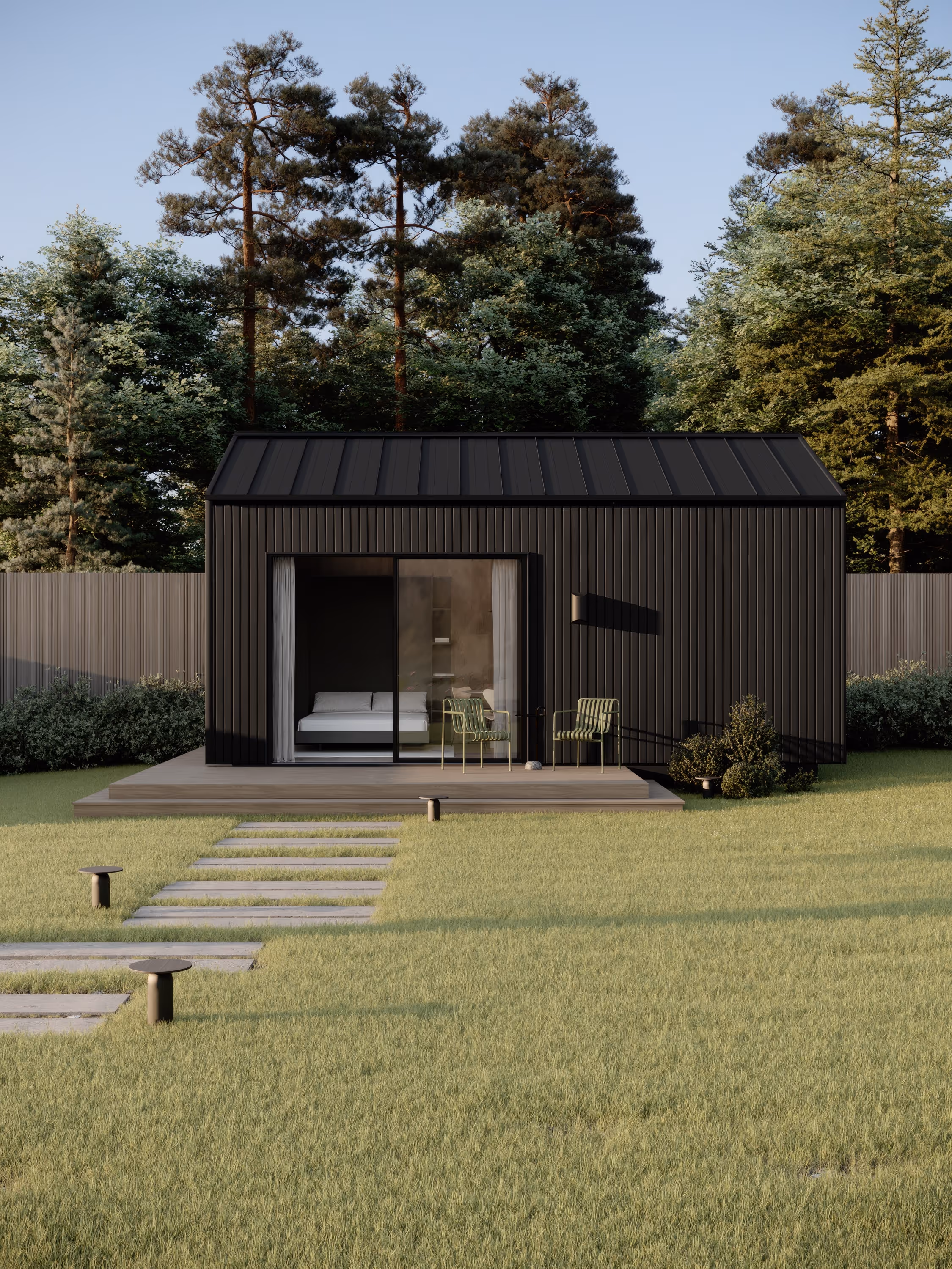 render of a module house, minimalist black, backyard
