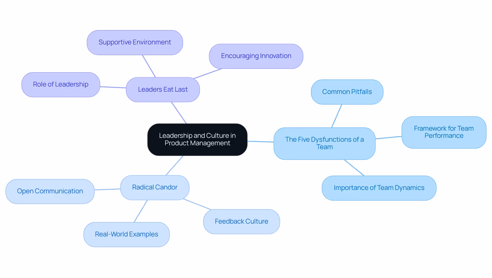 The central node represents the overarching theme, with branches for each key text and sub-branches for their main contributions to team dynamics and leadership.