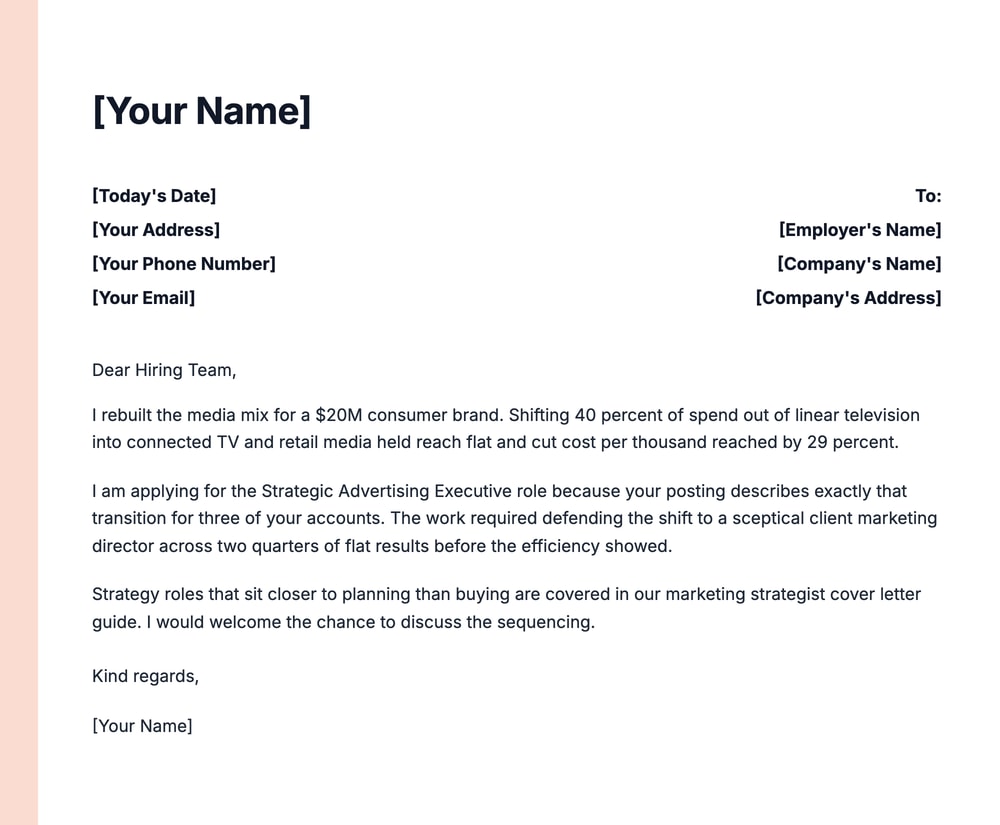Strategic advertising executive cover letter example describing a $20M media mix shift into connected TV