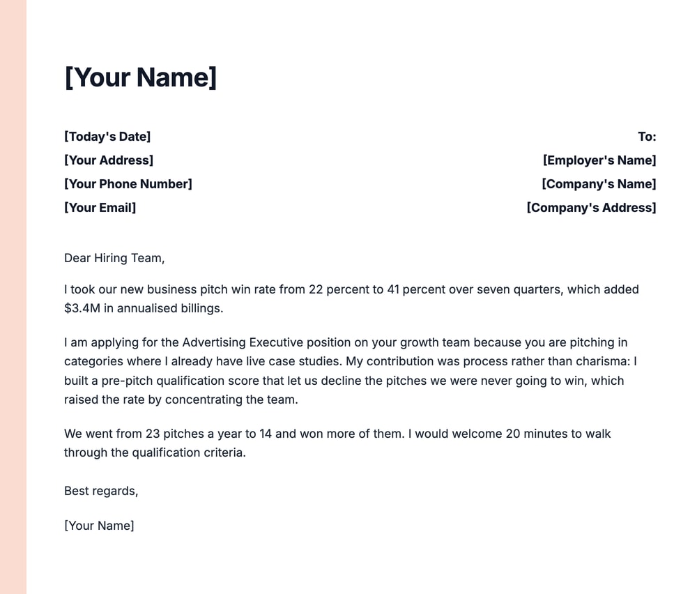 New business advertising executive cover letter example citing a pitch win rate rise from 22 to 41 percent