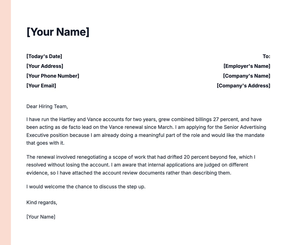 Advertising executive cover letter example for an internal promotion citing 27 percent billings growth