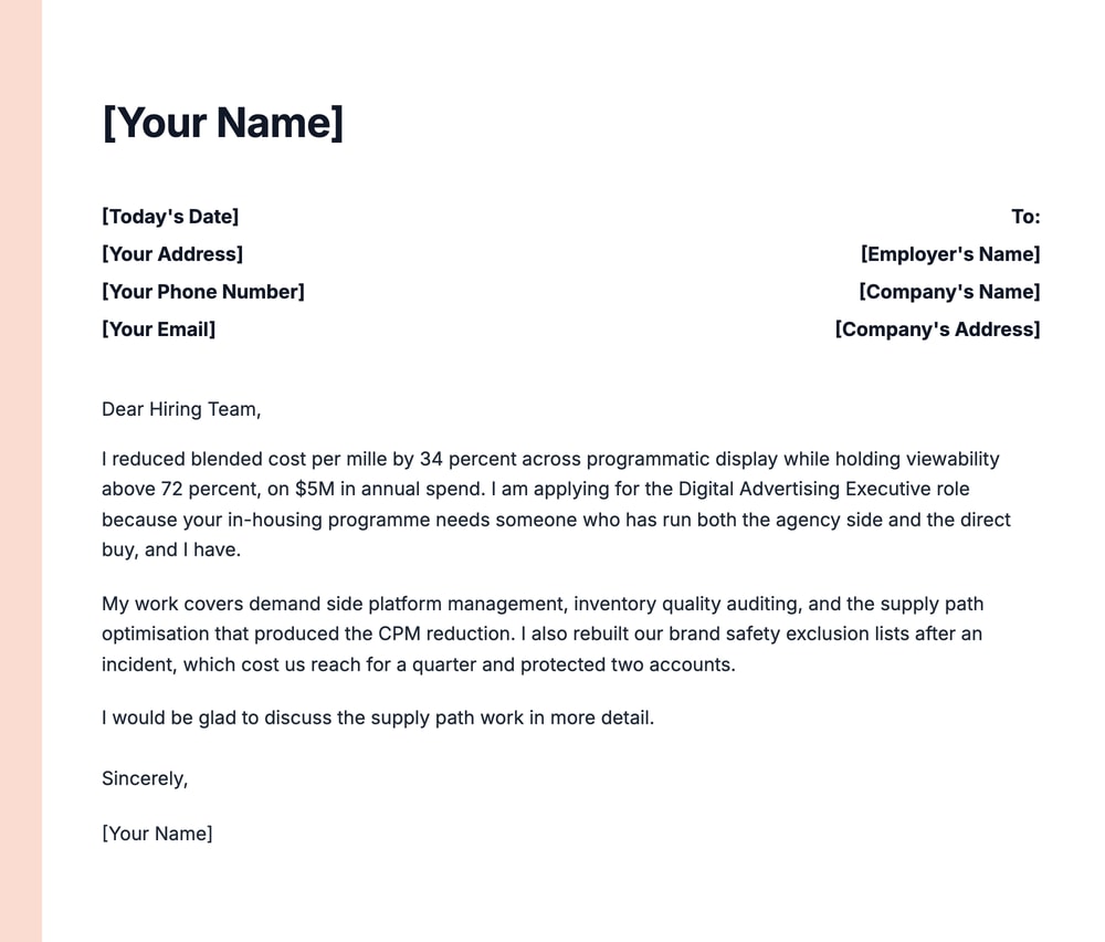 Digital advertising executive cover letter example citing a 34 percent reduction in blended cost per mille