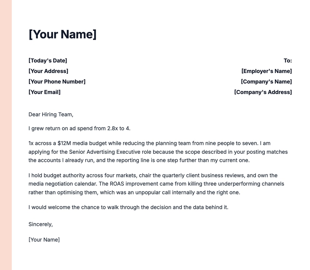 Senior advertising executive cover letter example leading with return on ad spend growth from 2.8x to 4.1x