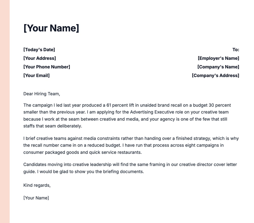 Creative advertising executive cover letter example citing a 61 percent lift in unaided brand recall