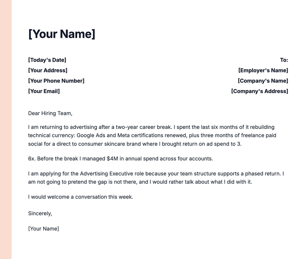 Returning to work advertising executive cover letter example addressing a two-year career break directly