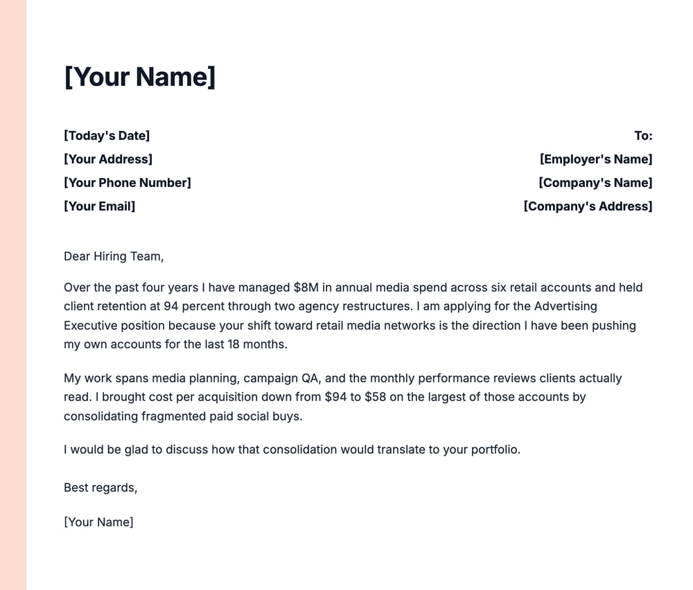 Experienced advertising executive cover letter example citing $8M media spend and 94 percent client retention