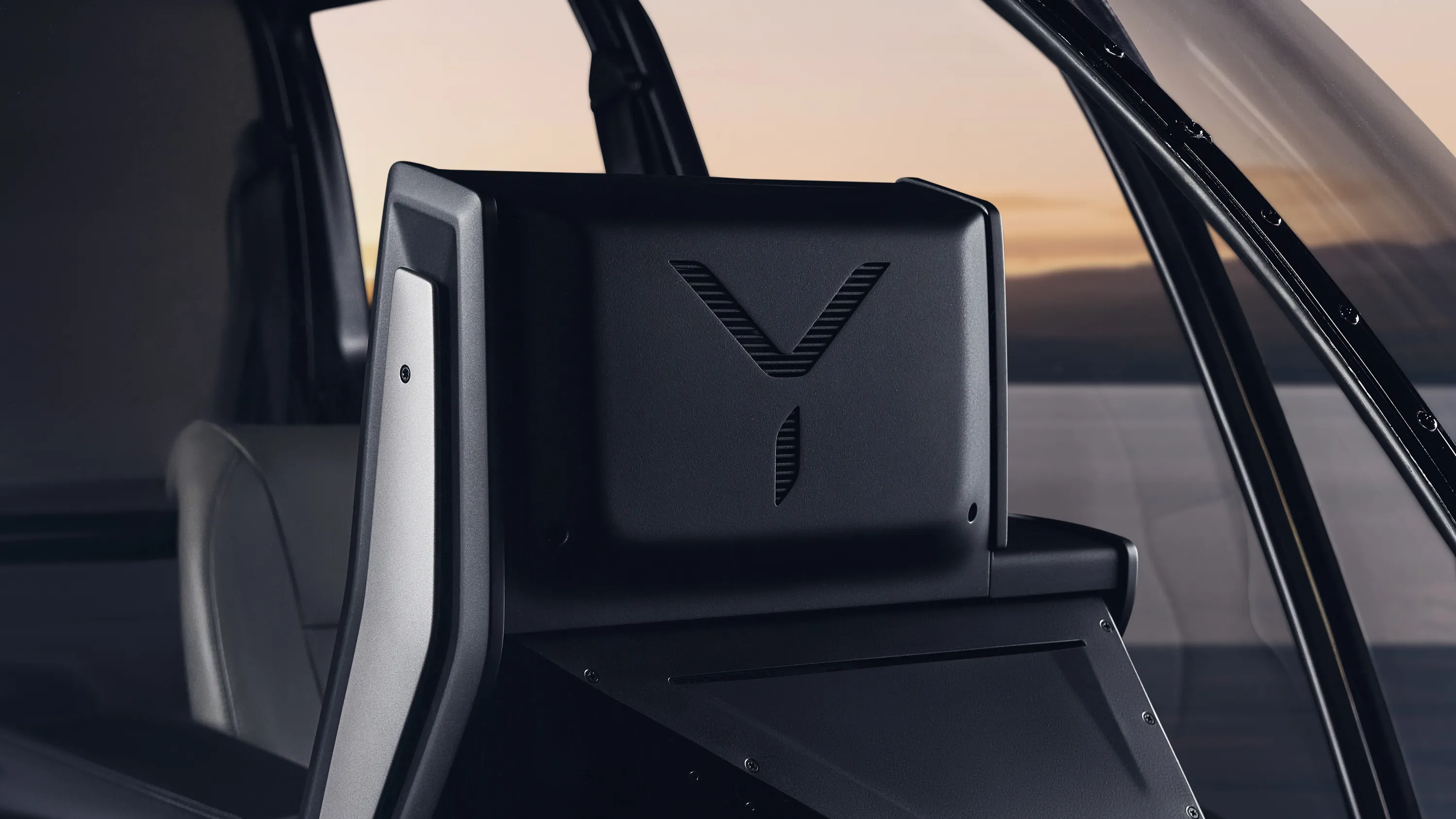 Skyryse One Interior showing the back of the Flight Control system which has the Skyryse Logo