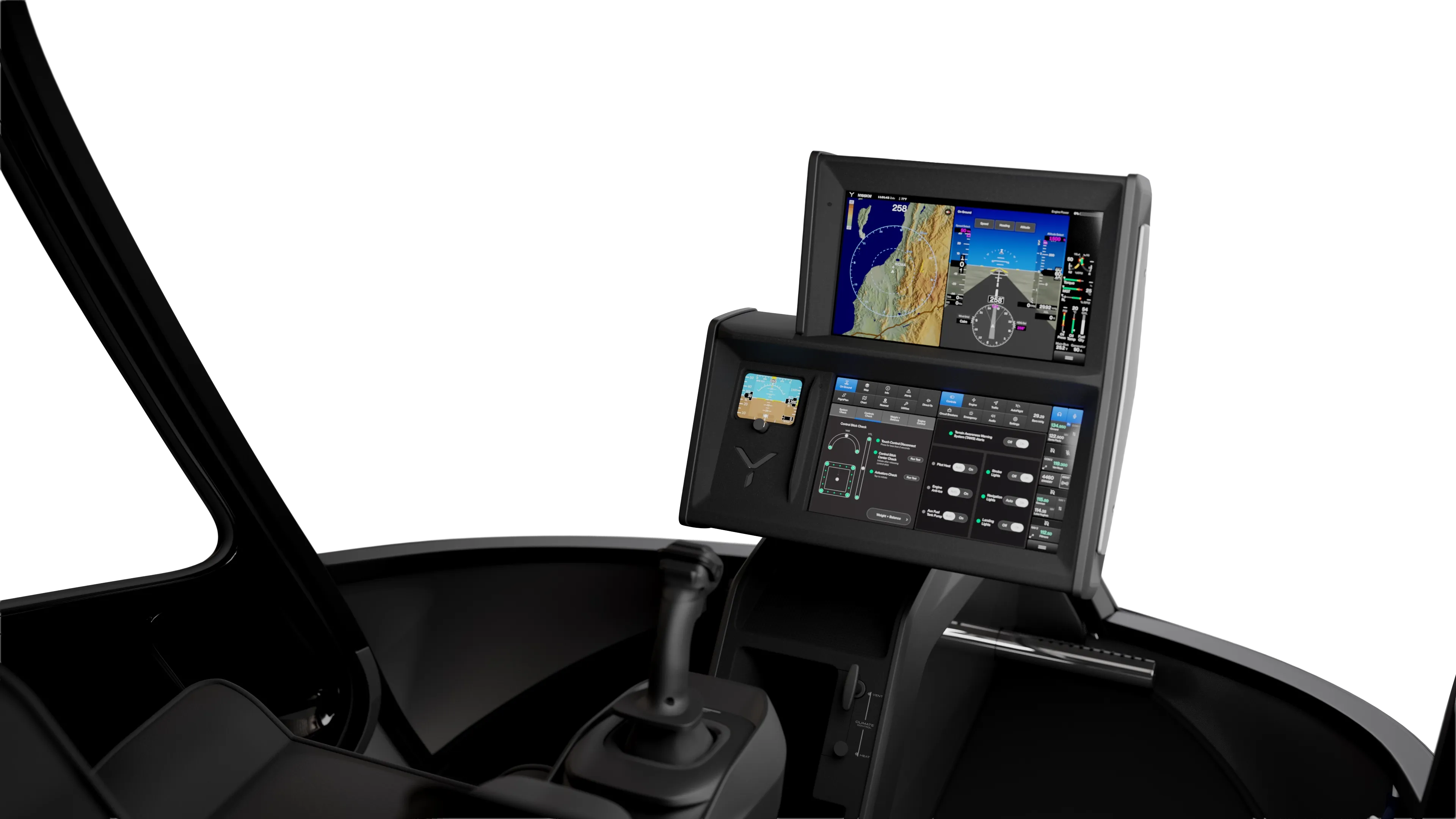 Skyryse cockpit control panel with joystick and dual digital flight displays showing navigation map and aircraft instruments