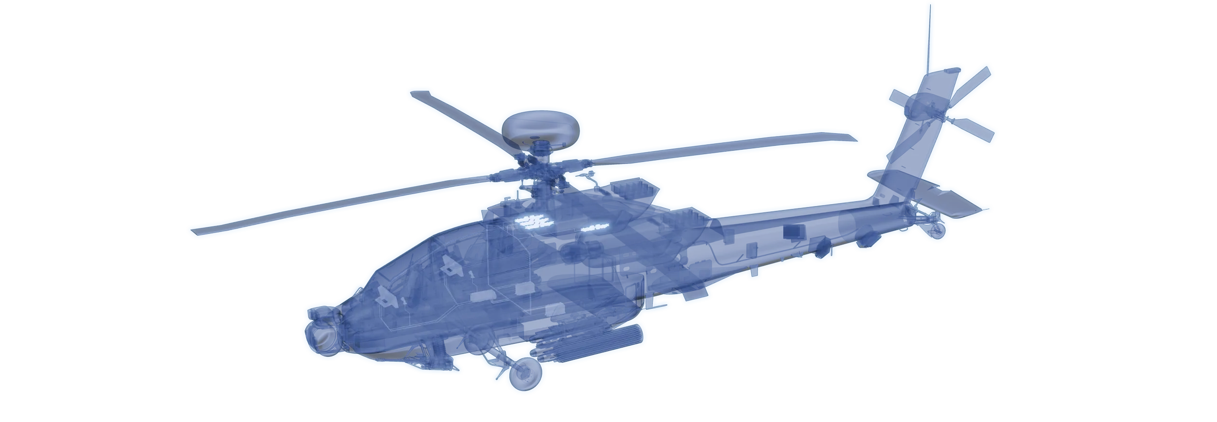 X-ray style digital rendering of a helicopter and a jet airplane showing internal structures and components.