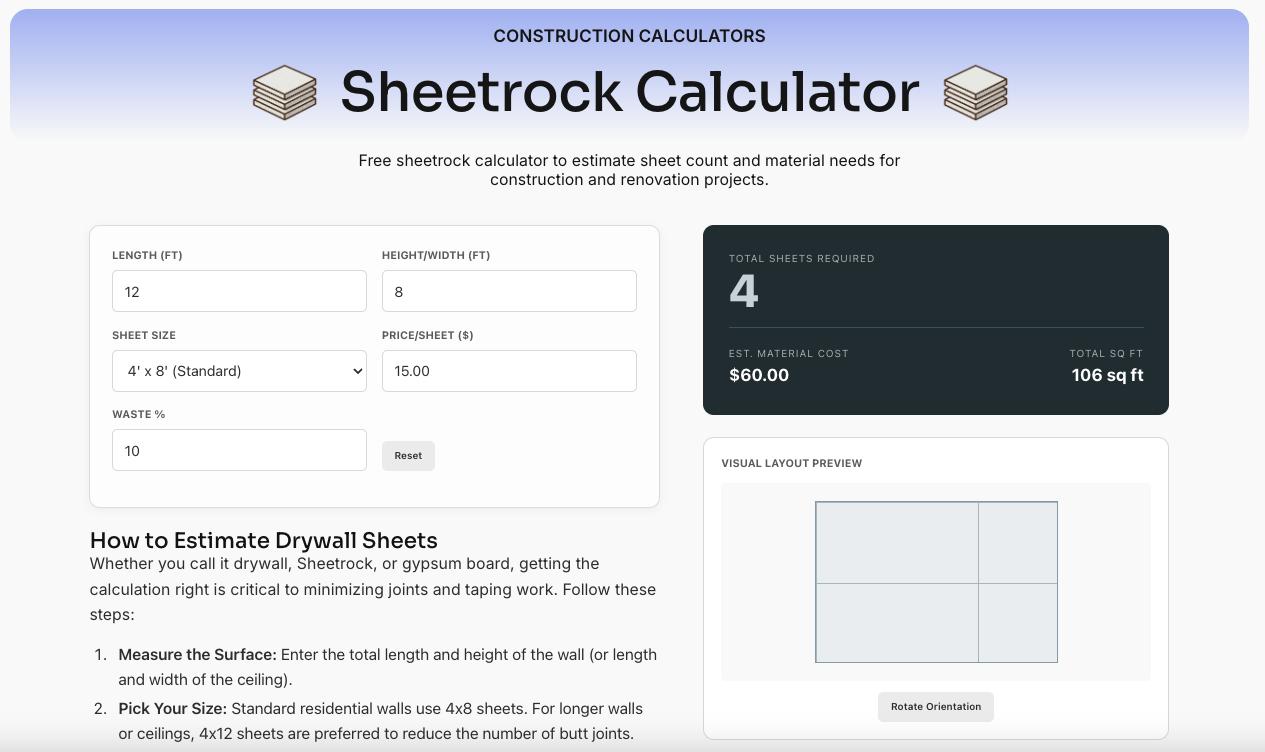 Screenshot of plywood calculator by SubmittalLink