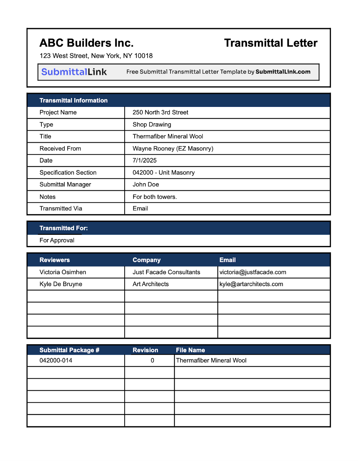 Sample transmittal letter that shows fillable fields for submittal details