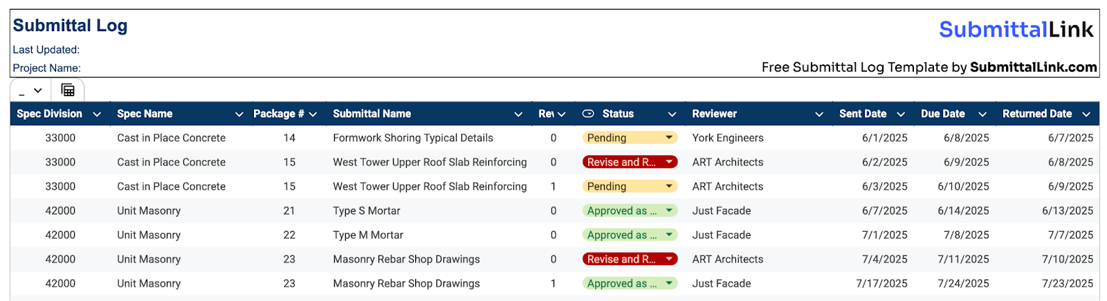 Color‑coded submittal log template showing status drop‑downs