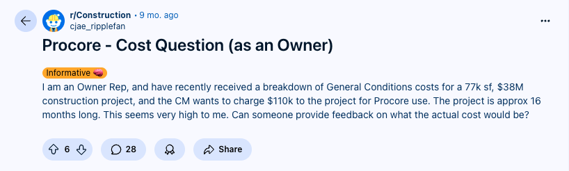 Screenshot of a Reddit post highlighting that Procore's cost is too expensive.