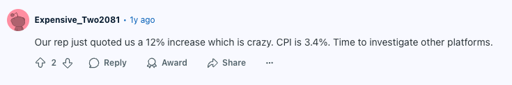 Screenshot of a Reddit comment describing a 12% price increase from Procore, which led the user to investigate alternatives.