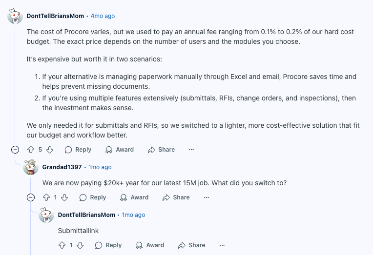 Screenshot of a Reddit comment from a former Procore user who switched to SubmittalLink for a more focused and affordable solution for submittals and RFIs.