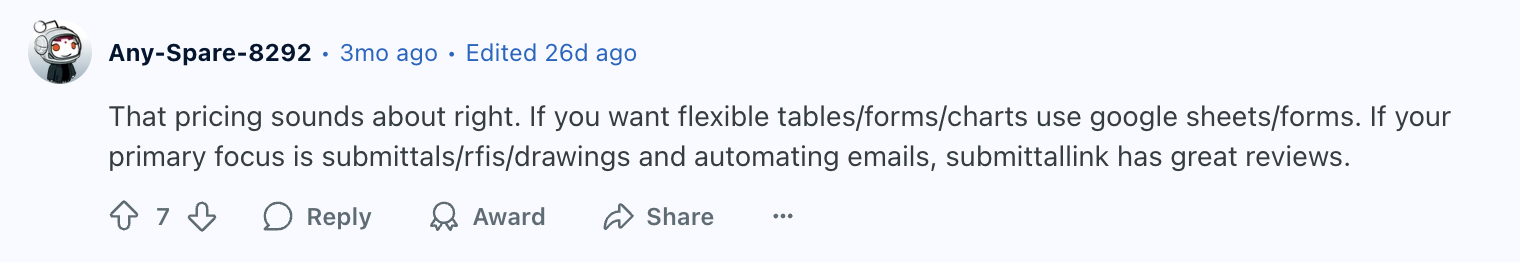 Screenshot of a reddit comment about SubmittalLink having great reviews