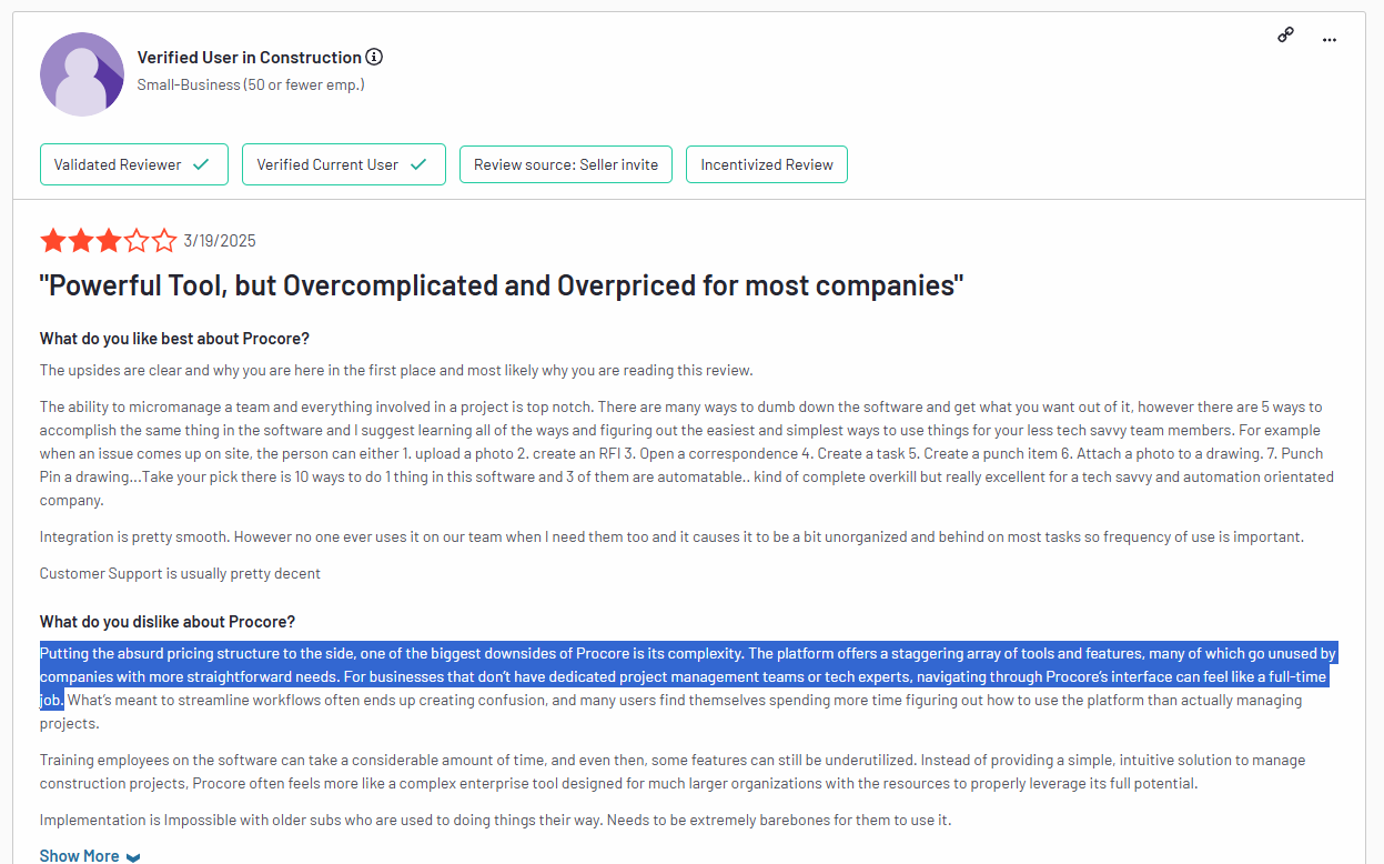 Screenshot of a verified procore user mentioning that the tools is power but overcomplicated