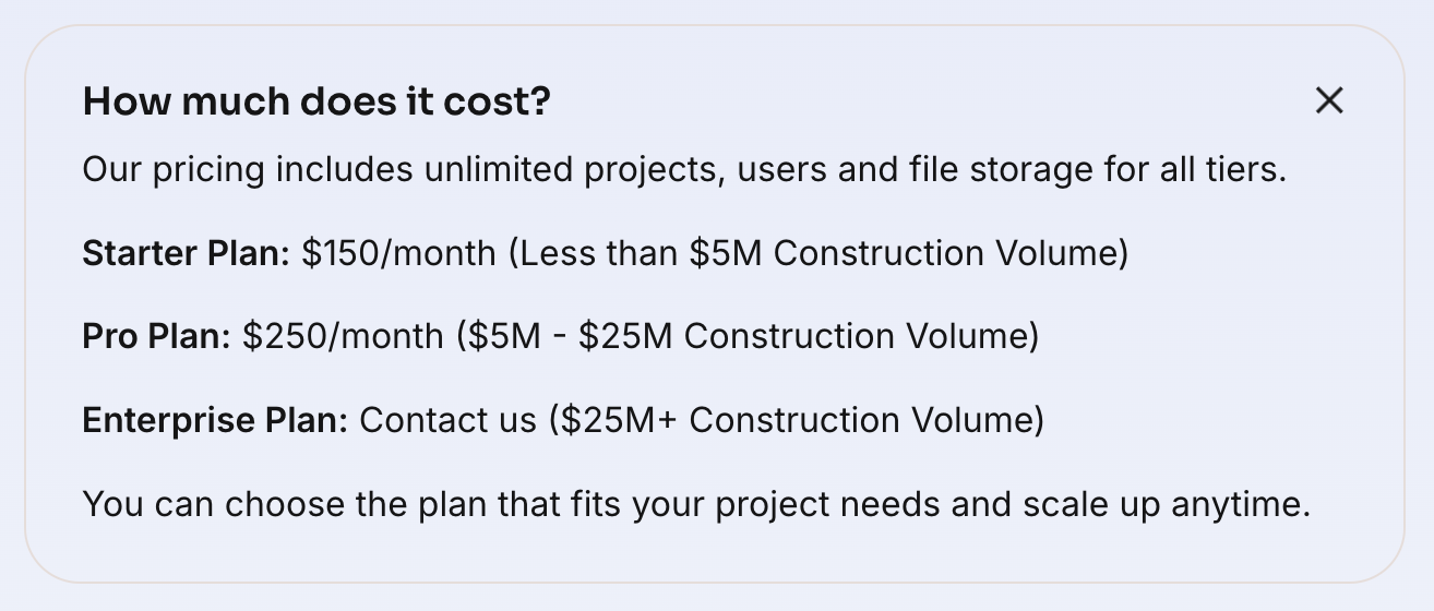Screenshot of SubmittalLink pricing tiers