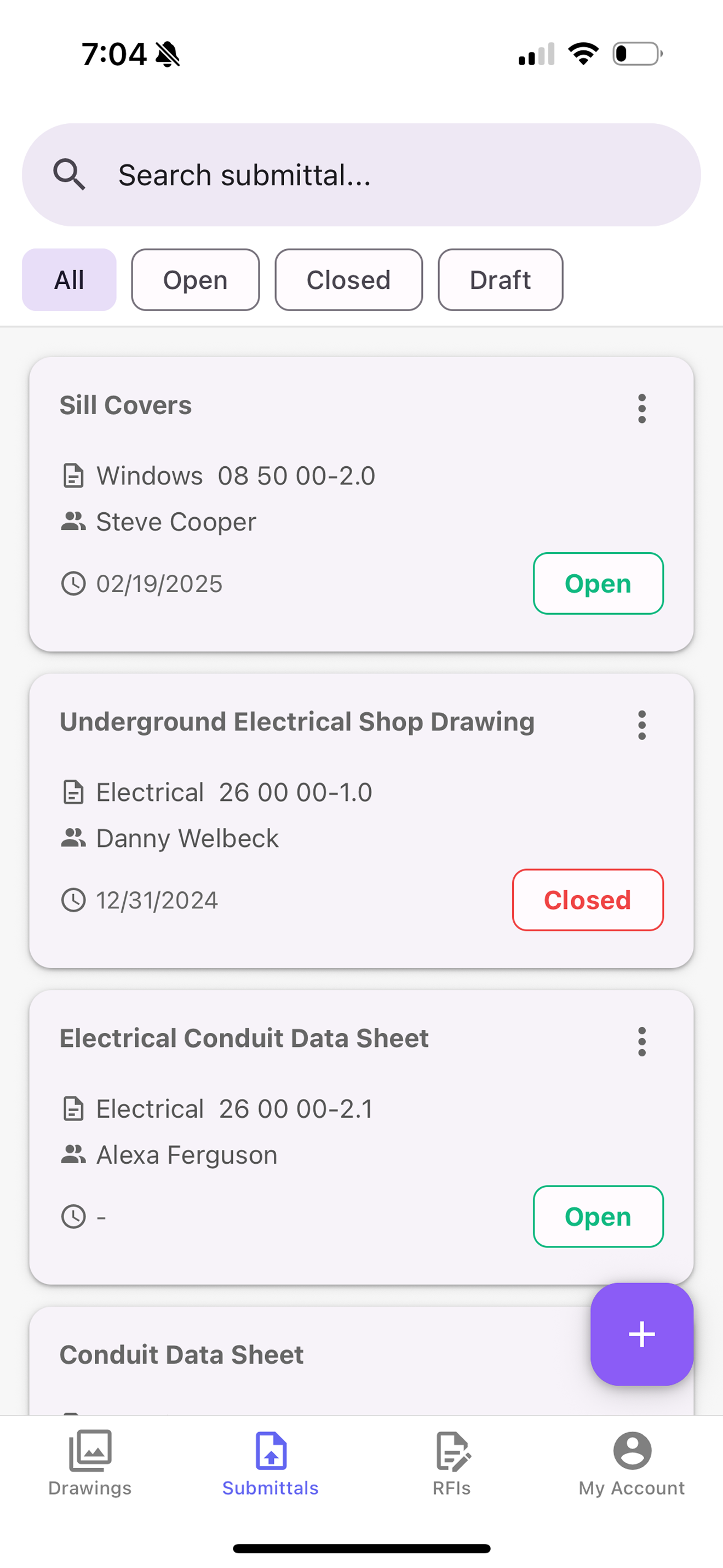 List of submittals on the mobile app