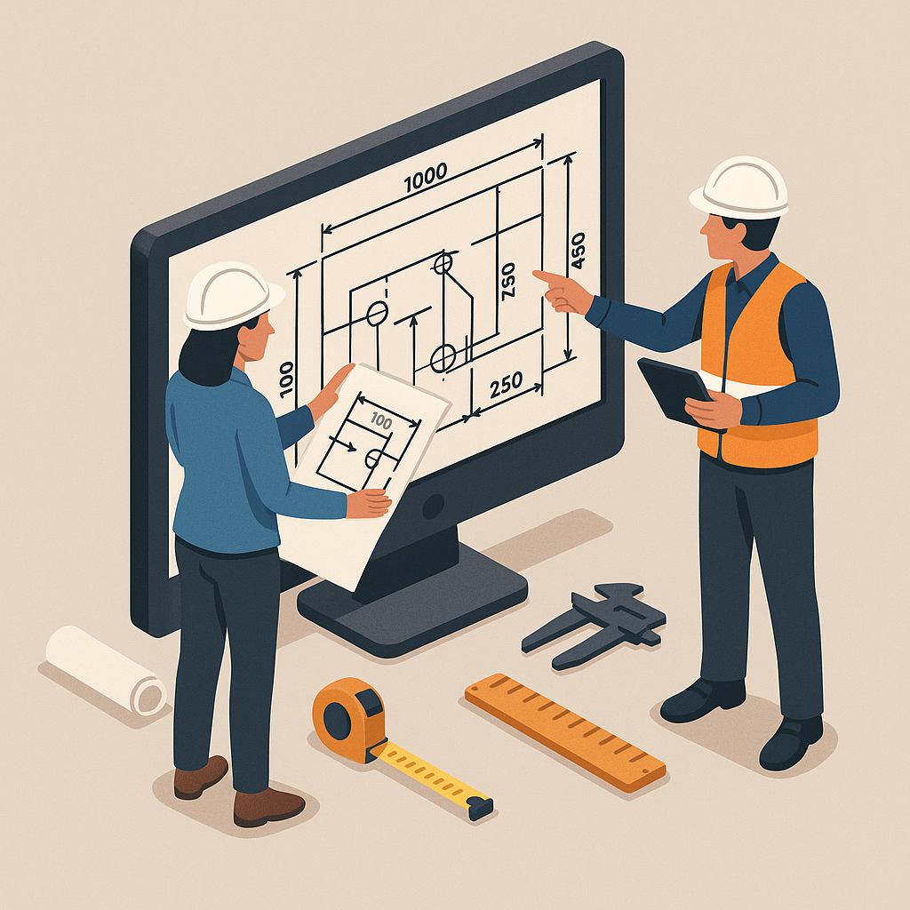 Construction managers reviewing dimensions on shop drawings