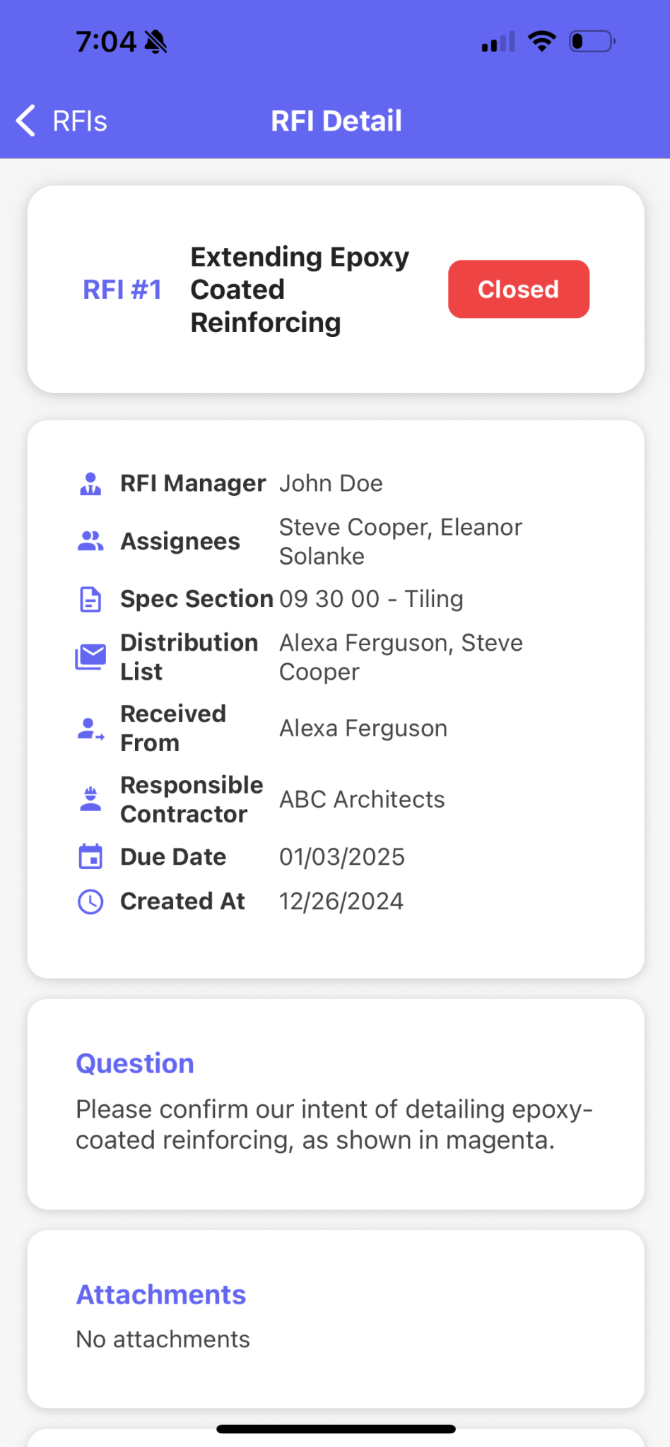 RFI page on SubmittalLink mobile view