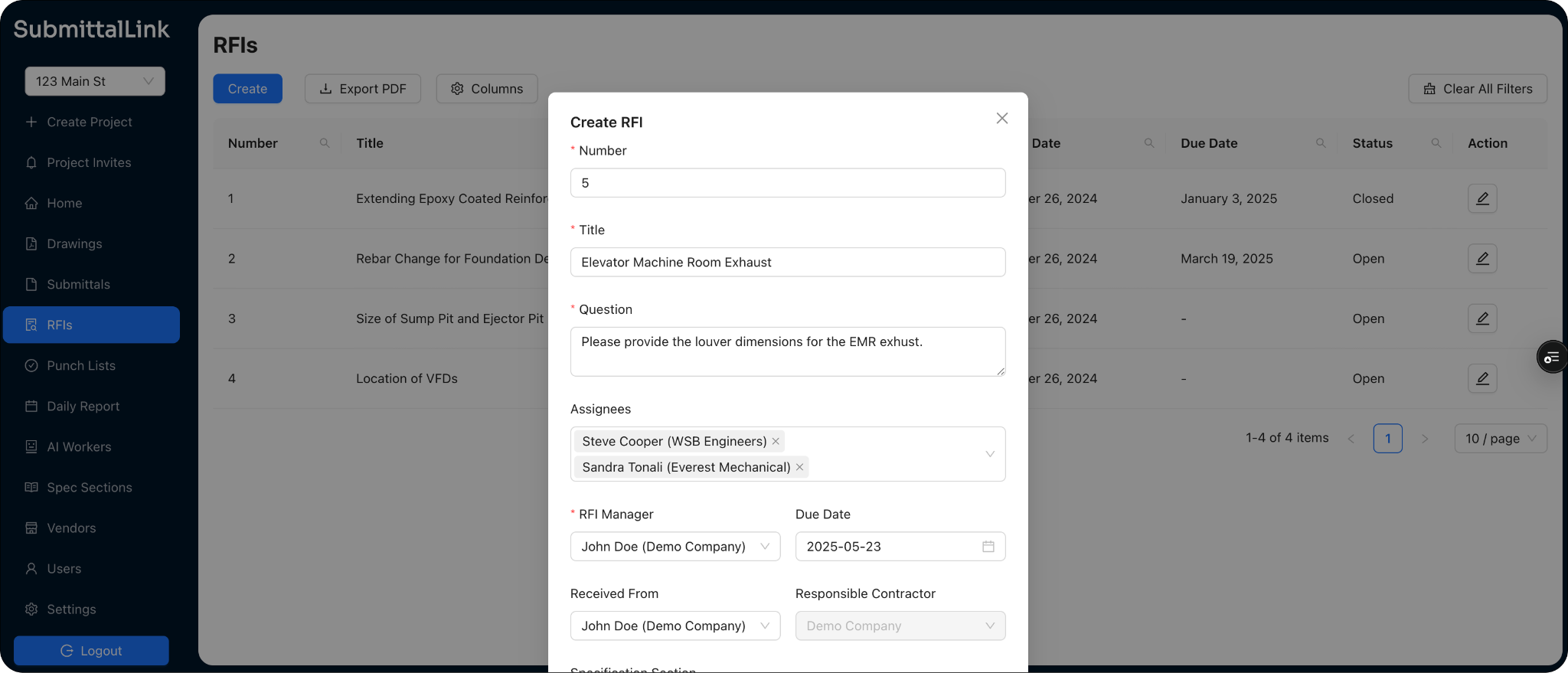 Create RFI screen on SubmittalLink web application