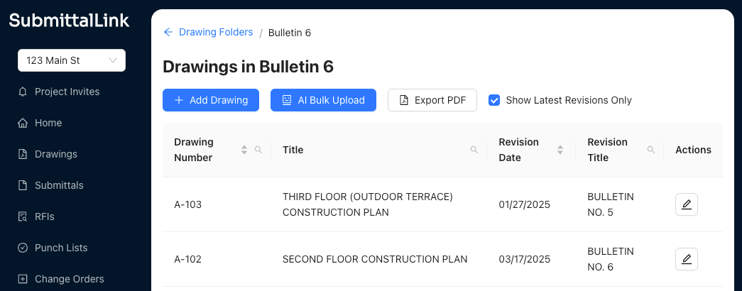 Screenshot of drawings module on SubmittalLink