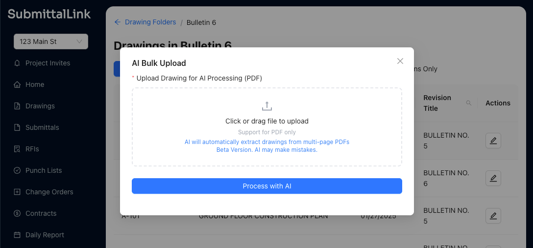 Screenshot of AI Bulk Upload on SubmittalLink