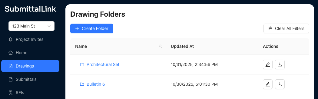 Screenshot of list of drawing folders on SubmittalLink