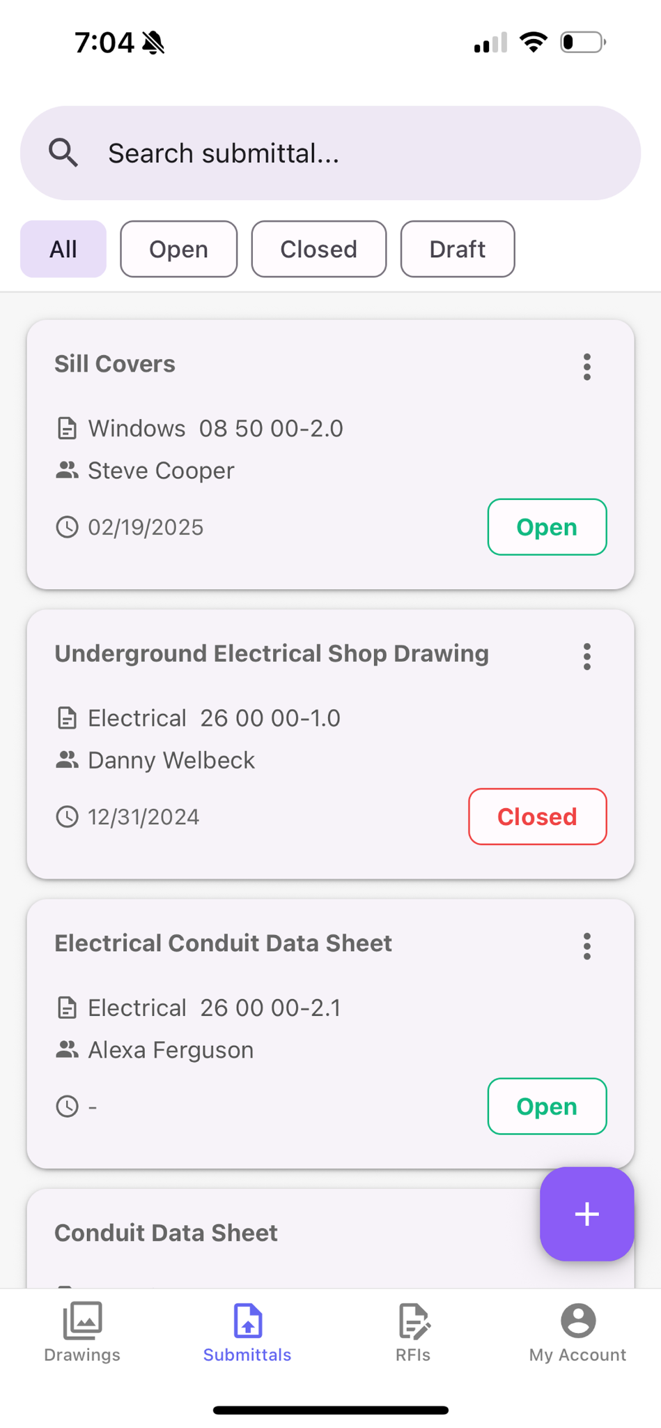 Screenshot of SubmittalLink mobile view