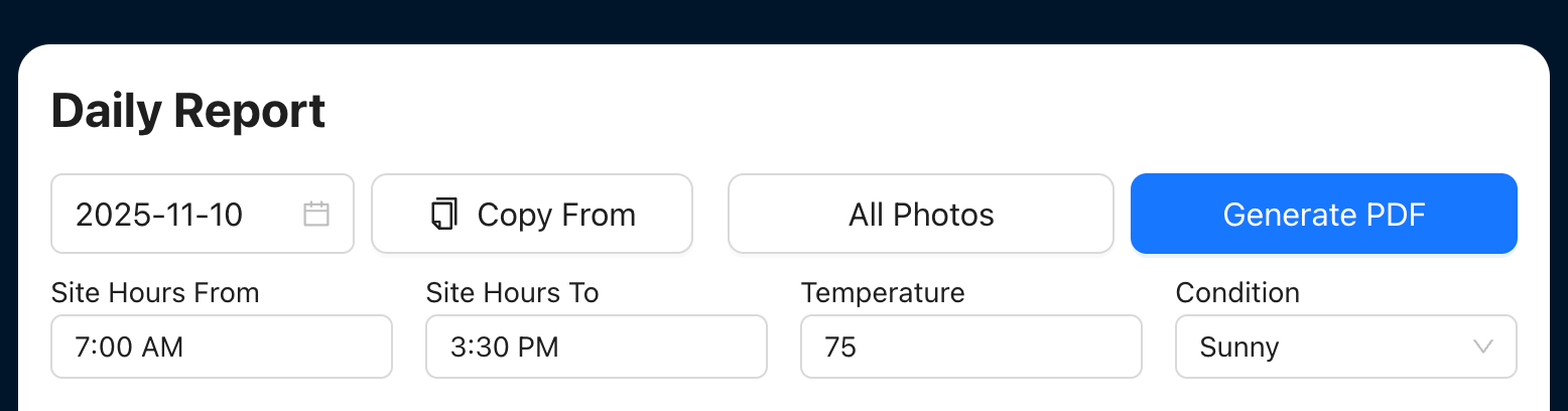 Screenshot of SubmittalLink Daily Report module with All Photos button