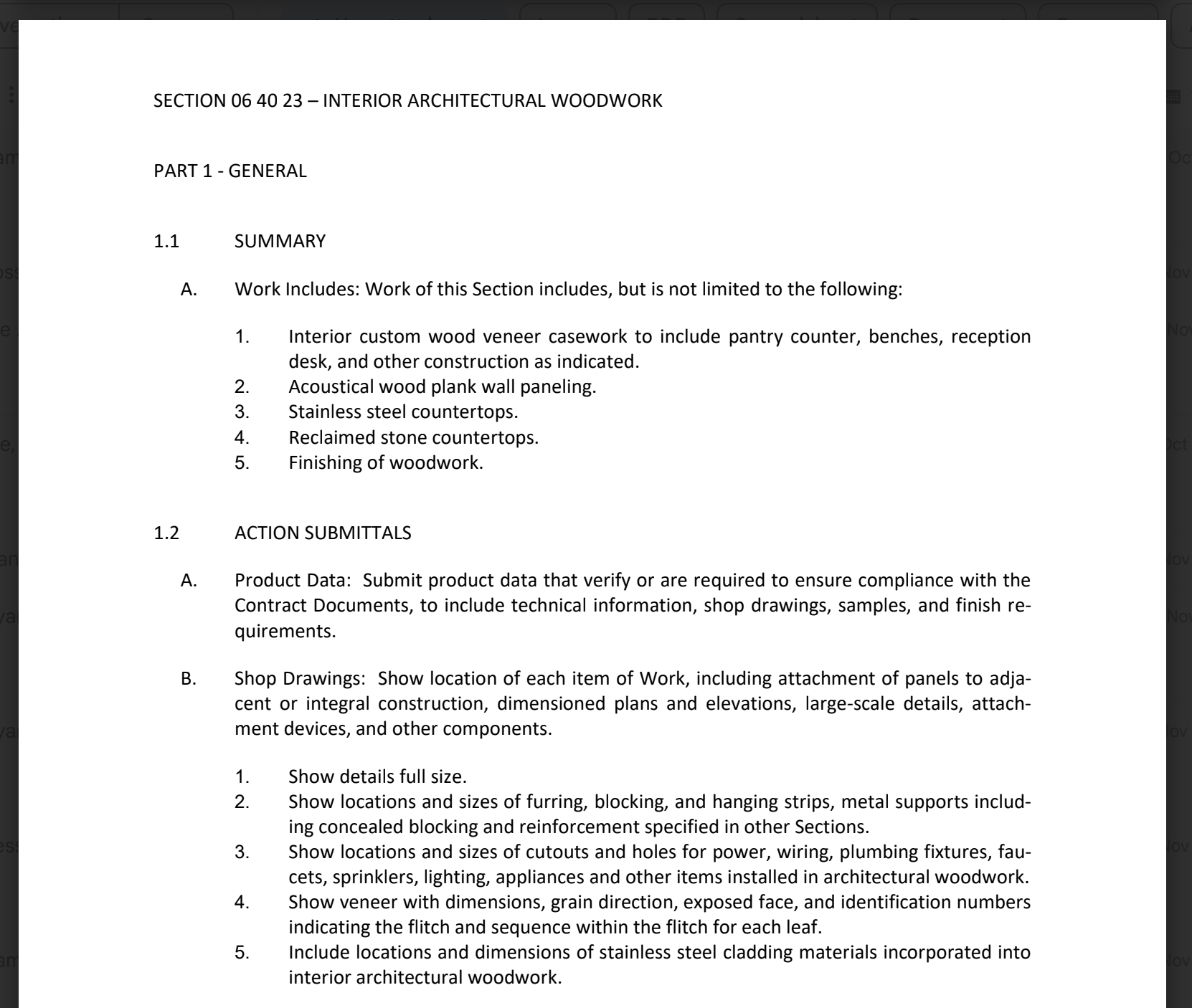 Screenshot of an example spec section for Interior Architectural Woodwork