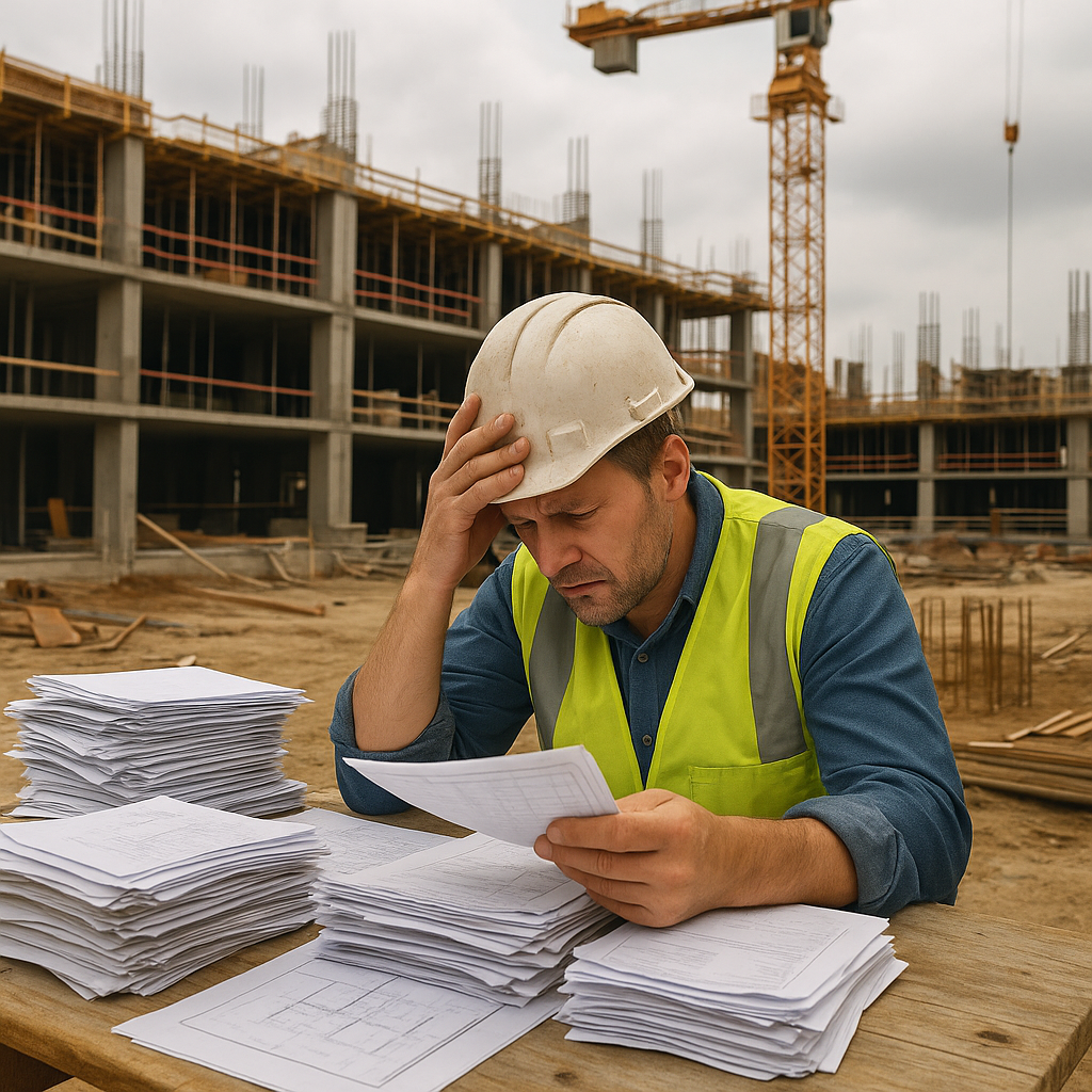 Picture of a construction project manager feeling anxious about closeout paperwork