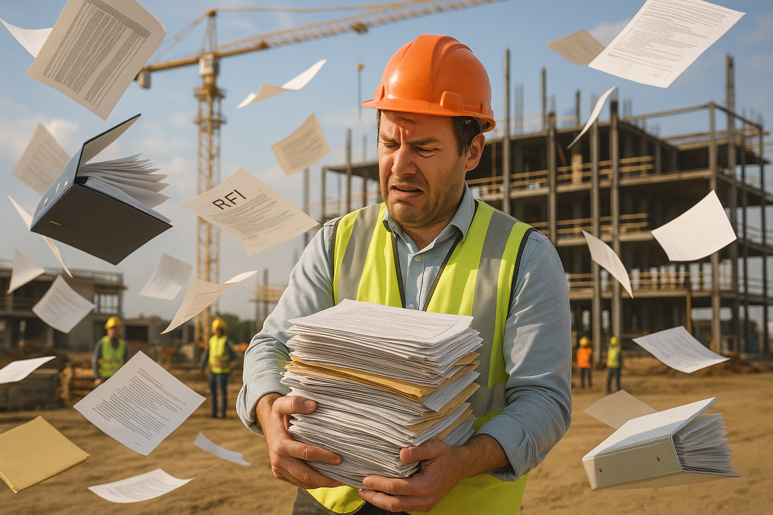 A construction project manager standing on an active jobsite, surrounded and overwhelmed by piles of paperwork, RFIs, and submittal binders blowing around in the wind