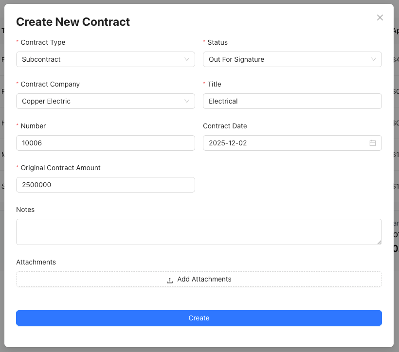 A screenshot of the create new contract form in SubmittalLink