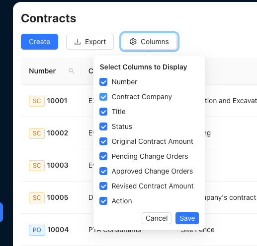 A screenshot of the contracts table view columns hide and show options