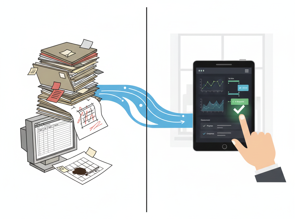Visual showing the transformation of paperwork to a digital dashboard