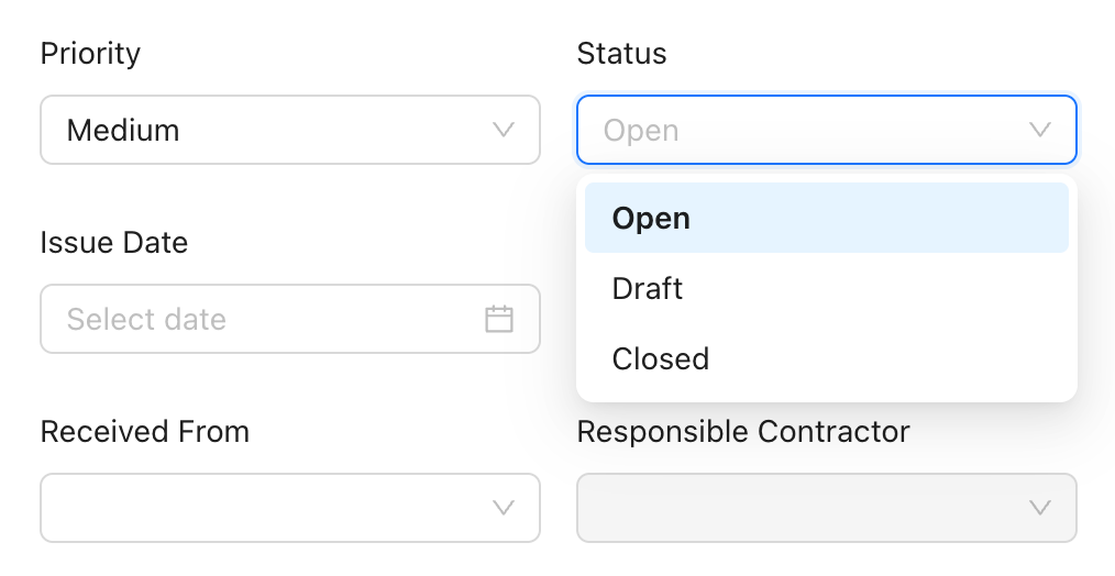 Screenshot of create submittal form with different status options in dropdown