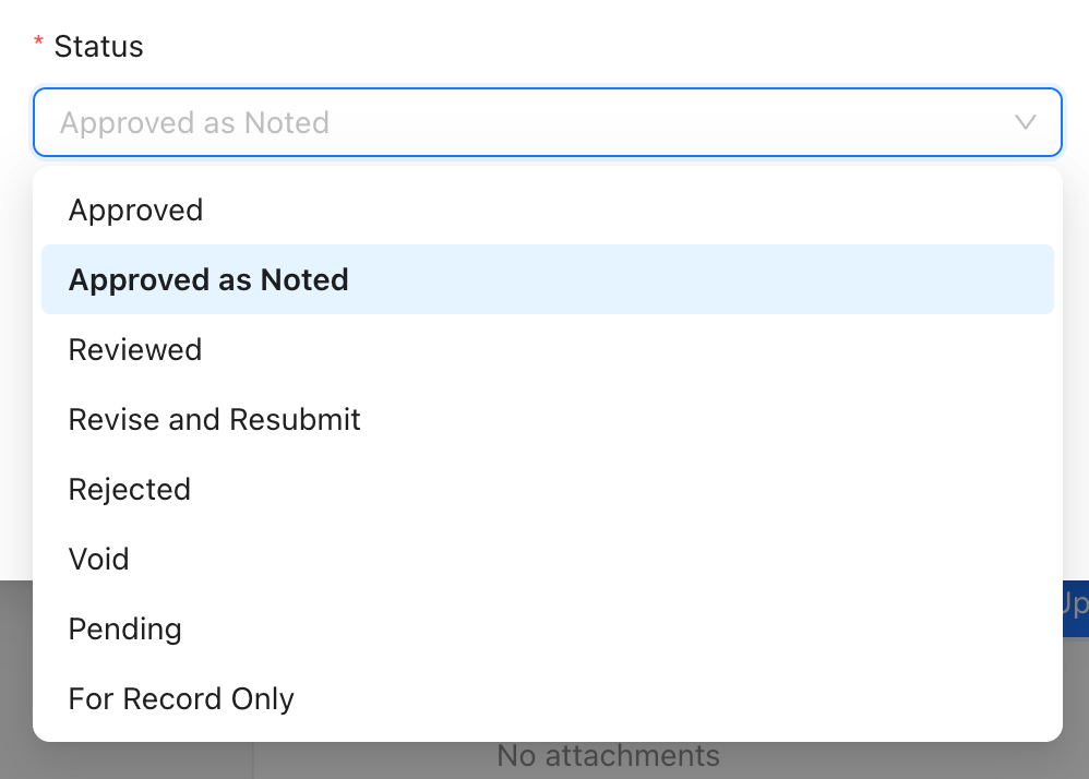 Screenshot of submittal review status showing options in dropdown