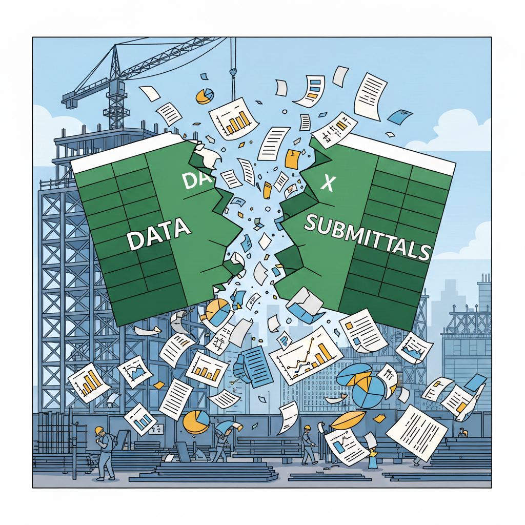 An illustration that shows a submittals log excel sheet breaking with a chaos of paperwork