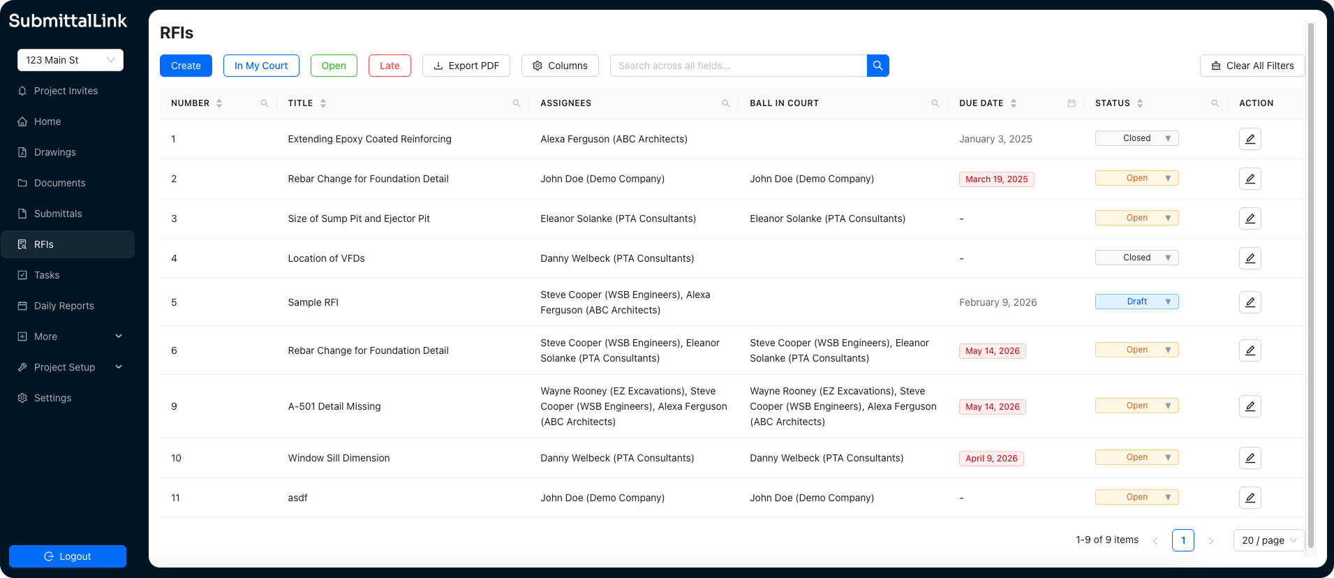 Screenshot of SubmittalLink RFIs dashboard